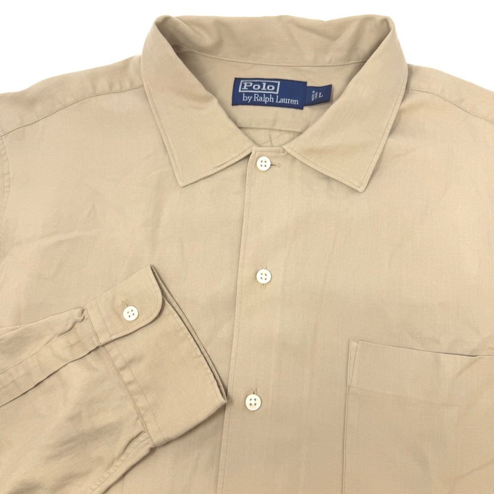 Polo Ralph Lauren Silk Cotton Linen Herringbone Shirt Mens Large Tan Long Sleeve